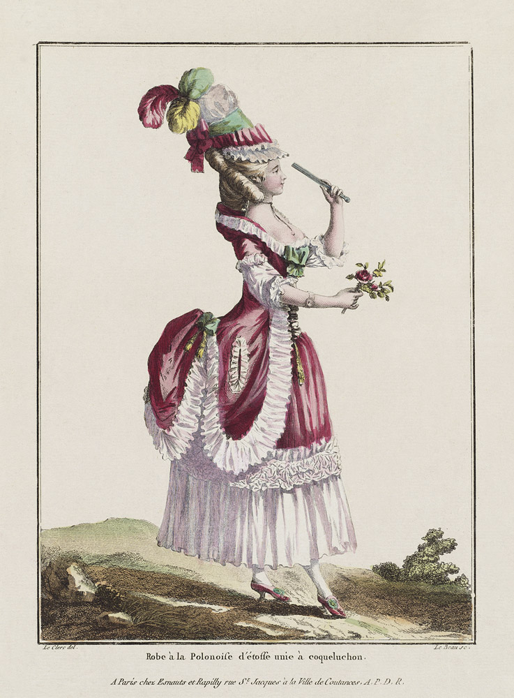A Polonaise Dress with draped overskirt. (From "Gallerie des Modes et Costumes Francais") a Pierre Thomas Le Clerc