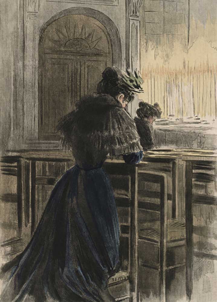 Devotions at church, illustration from La Femme a Paris by Octave Uzanne (1851-1931) 1894 a Pierre Vidal