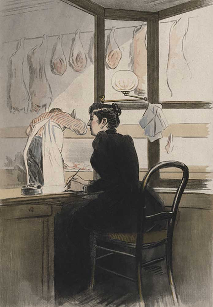 The cashier at the butchers, illustration from La Femme a Paris by Octave Uzanne (1851-1931) 1894 a Pierre Vidal