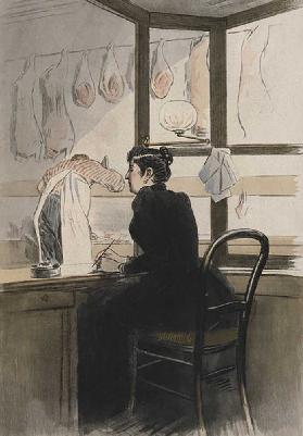 The cashier at the butchers, illustration from La Femme a Paris by Octave Uzanne (1851-1931) 1894