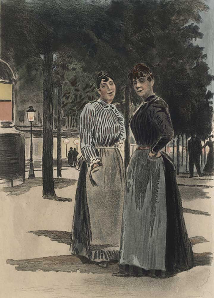 Two ordinary women on the boulevard, illustration from La Femme a Paris by Octave Uzanne (1851-1931) a Pierre Vidal