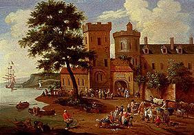 Landscape in front of a small castle with fisherman scene