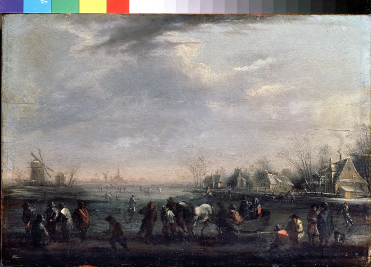 Winter landscape with skaters a Pieter Bout