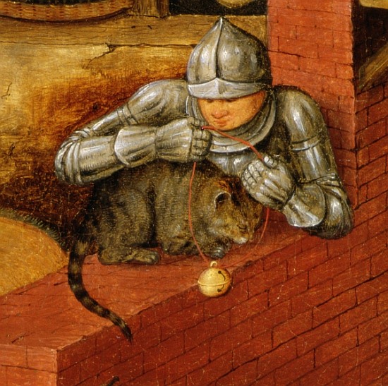 Knight putting a bell on a cat, detail from ''The Flemish Proverbs'' (detail of 67235) a Pieter Brueghel il Giovane