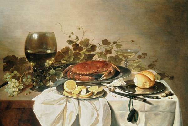 Breakfast still life with roemer and a crab a Pieter Claesz