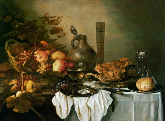 A Still Life With A Roemer, Oysters, A Roll And Meat On Pewter Plates, Fruit In And Around A Basket, a Pieter Claesz