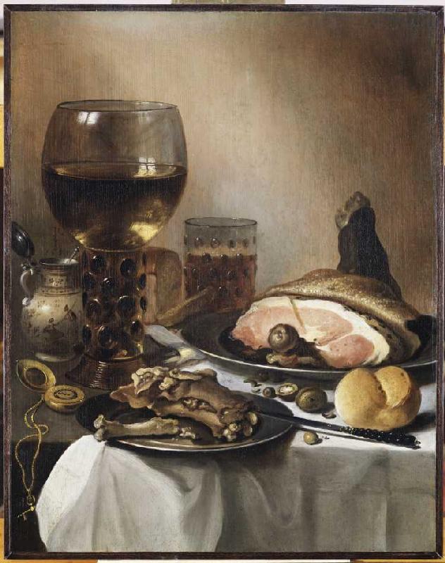 Stillleben mit einem Römer, Schinken, Fleisch und einer goldenen Taschenuhr a Pieter Claesz
