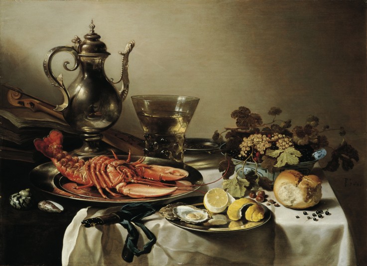 Table with lobster, silver jug, big Berkemeyer, fruit bowl, violin and books a Pieter Claesz