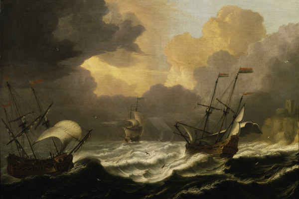 P.Coopse, Stormy sea and three ships a Pieter Coopse