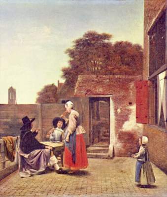 Court with two officers and drinking woman a Pieter de Hooch