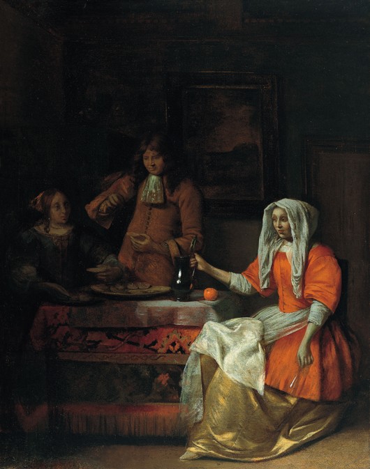 Interior with Two Women and a Man Drinking and Eating Oysters a Pieter de Hooch