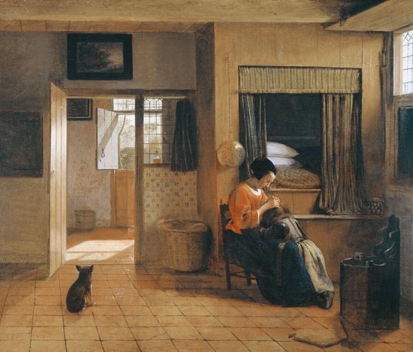 Mutterpflichten (Interieur mit Mutter, die Haare ihres Kindes nach Läusen absuchend) a Pieter de Hooch