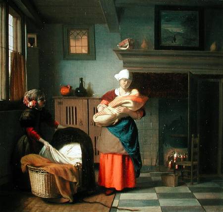 Nursemaid with baby in an interior and a young girl preparing the cradle a Pieter de Hooch