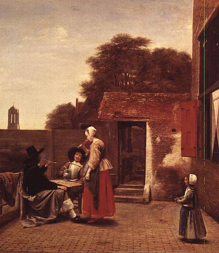 Two Soldiers and a Woman Drinking in a Courtyard a Pieter de Hooch