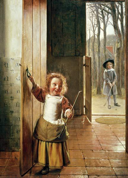 Children in a Doorway with 'Colf' Sticks