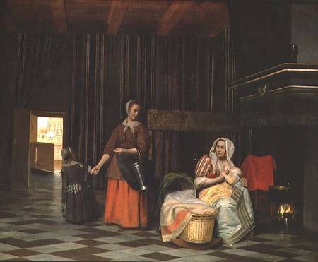 Woman with infant, serving maid with child a Pieter de Hooch