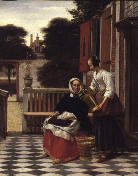 Woman and Maid with a pail in a courtyard a Pieter de Hooch