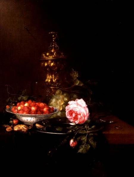 Still Life with a Bowl of Strawberries and a Rose a Pieter de Ring