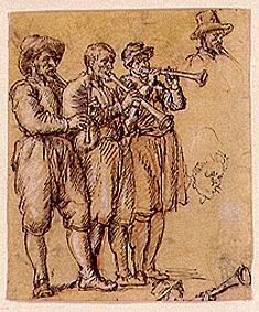 Three musicians with bagpipes and playing the shawm a Pieter de Witte