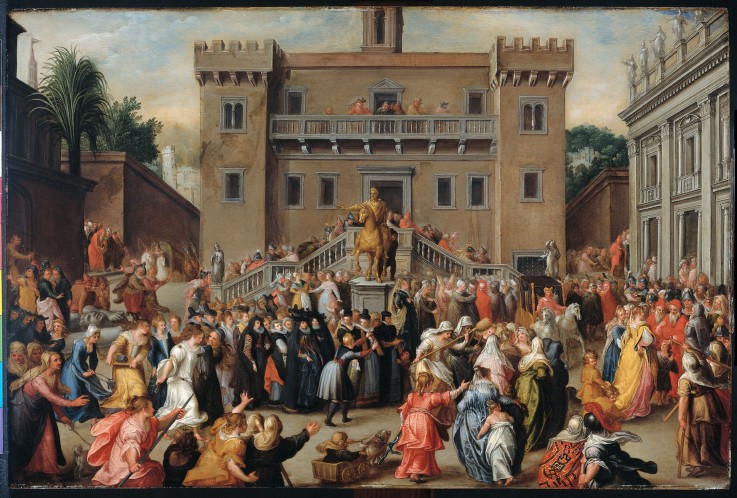 The inertia of the Roman women at the Capitol in Rome after the occurrence of the small Papirius a Pieter Isaacsz