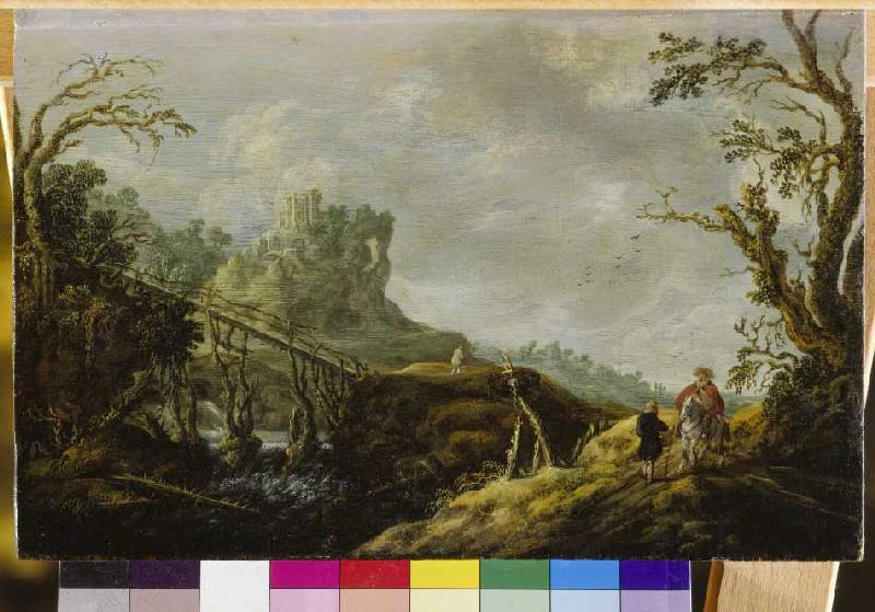 Flusslandschaft mit Holzbrücke und Ruine a Pieter Jansz. van Asch