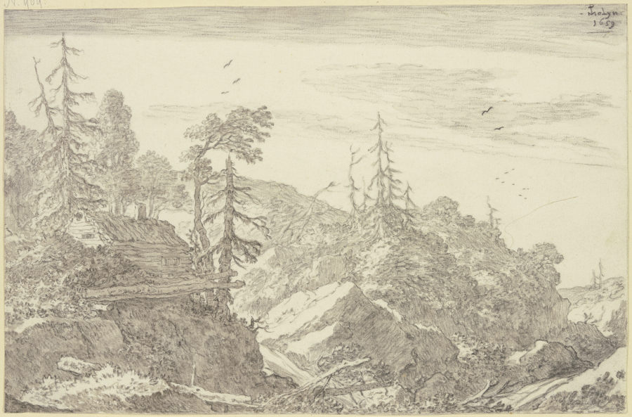 Felsige Gebirgsgegend mit Tannen, links auf einem Felsen ein Holzhaus a Pieter Molyn d. Ä.