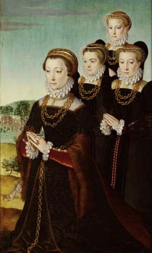 Die Frau des Stifters Anselm Boetius, Johanna Voet, mit drei Töchtern a Pieter Pourbus