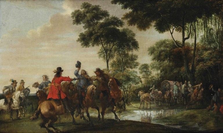 Highwaymen raiding a tilt car by a forest stream a Pieter Snayers