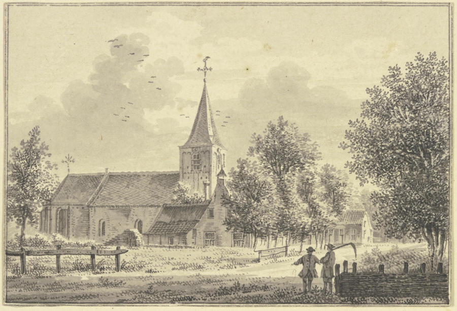 Kirche an der Landstrasse, rechts zwei Männer, der eine trägt eine Sense a Pieter van Liender