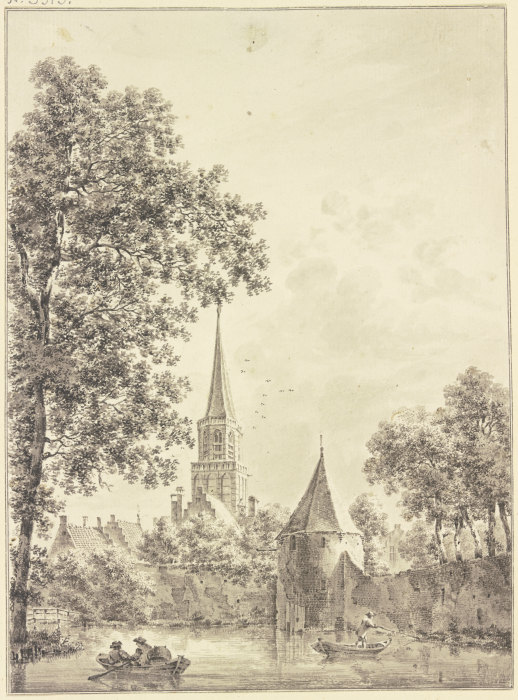 Wassergraben an der Stadtmauer mit einem runden Turm, hinten die Kirche, auf demselben zwei Kähne a Pieter van Liender