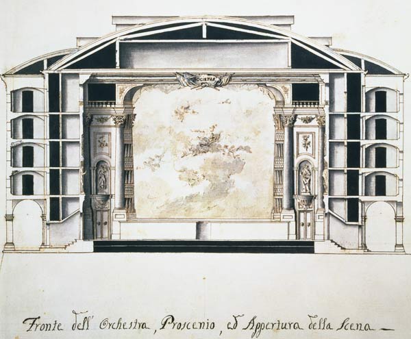 Cross section view of a theatre on the Grand Canal showing the stage and orchestra a Pietro Bianchi