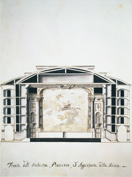Cross section view of a theatre on the Grand Canal showing the stage and orchest a Pietro Bianchi