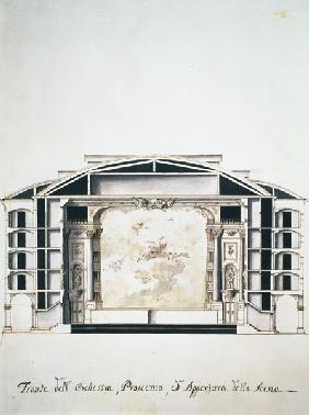 Cross section view of a theatre on the Grand Canal showing the stage and orchest