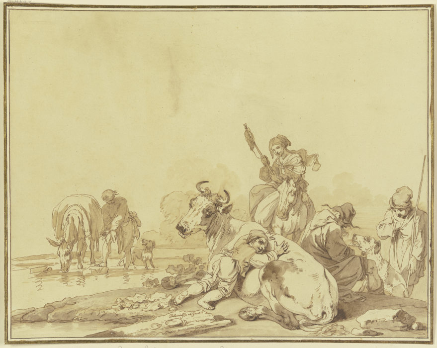 Hirten an einem Wasser gelagert, ein Knabe liegt auf einer Kuh, eine Frau mit Spinnrocken zu Pferde a Pietro Palmieri d. Ä.