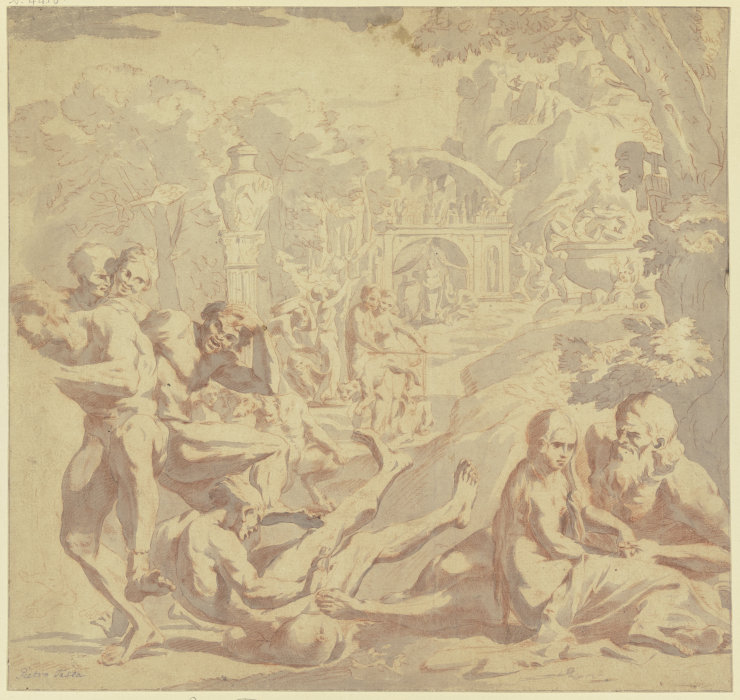 Bacchanal, rechts liebkost ein alter Mann ein Mädchen, links fällt ein Mann über einen Weinschlauch a Pietro Testa
