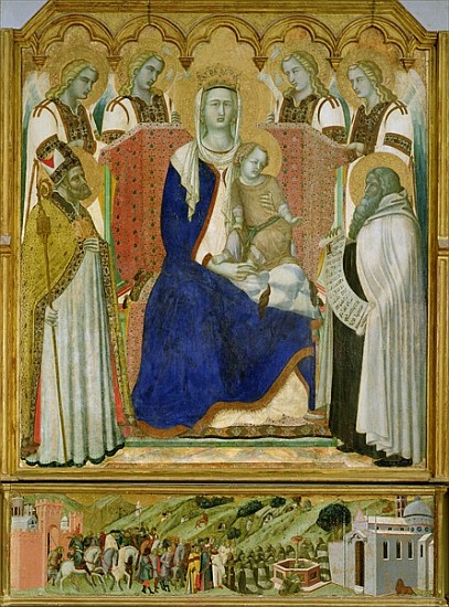 The Carmine Altarpiece, central panel depicting the Virgin and Child with angels, St. Nicholas and t a Pietro Lorenzetti