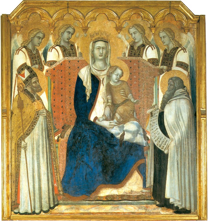 Madonna and Child Enthroned between Saint Nicholas and Prophet Elijah (Madonna del Carmine) a Pietro Lorenzetti