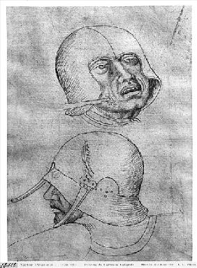 Two heads of soldiers wearing helmets, from the The Vallardi Album