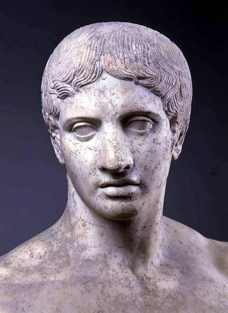Athlete, known as 'The Doryphorous', detail of head, Roman copy after an original a Polykleitos  in Pompeii