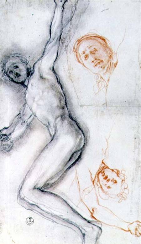 Study of Christ nailed to the cross, the head rehearsed twice (black and red a Pontormo,Jacopo Carucci da