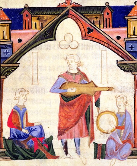 Fol.12v Musicians playing the guitar and tambourine, from the ''Chansonnier des Nobles'' a Portuguese School