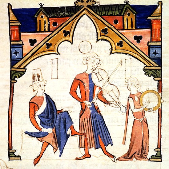 Fol.6r Musicians Playing a Viola and a Tambourine, from the ''Chansonnier des Nobles'' a Portuguese School