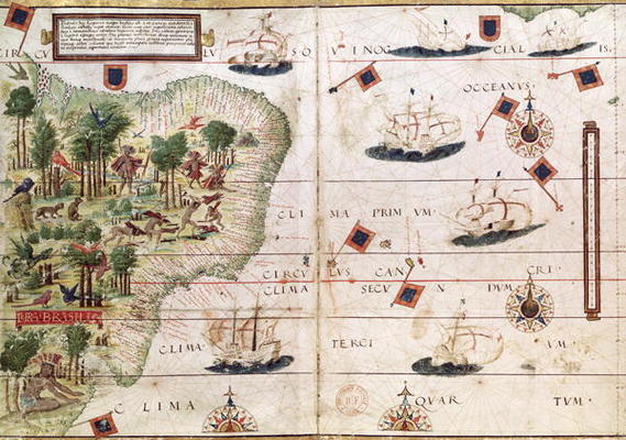 Brazil from the 'Miller Atlas' by Pedro Reinel, c.1519 (see 199955 for detail) a Portuguese School, (16th century)