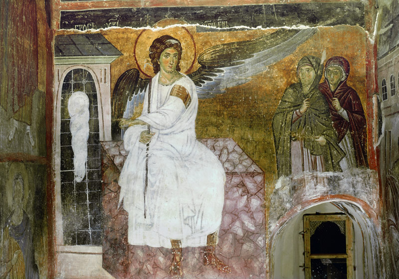 Engel am Grab Christi - Der weiße Engel am leeren Grab Christi und die Myrrhenträgerinnen (Myrrhopho a Prag Unbekannter Maler