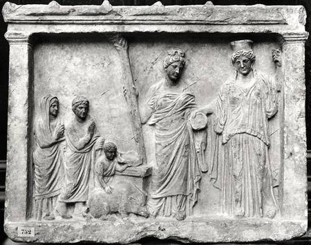 Man, woman and child before an altar offering a sow as a sacrifice to Demeter and Kore a Praxiteles