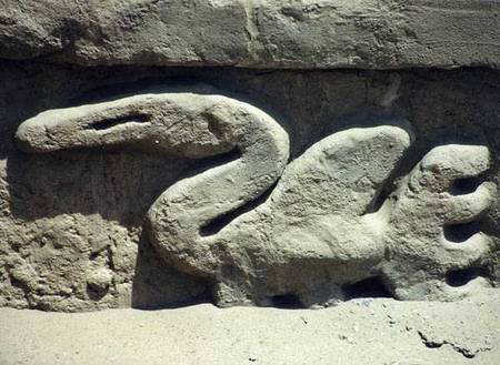 Bird design on one of the walls inside the ruined pre-Inca city, built by the Chimu a Pre-Columbian
