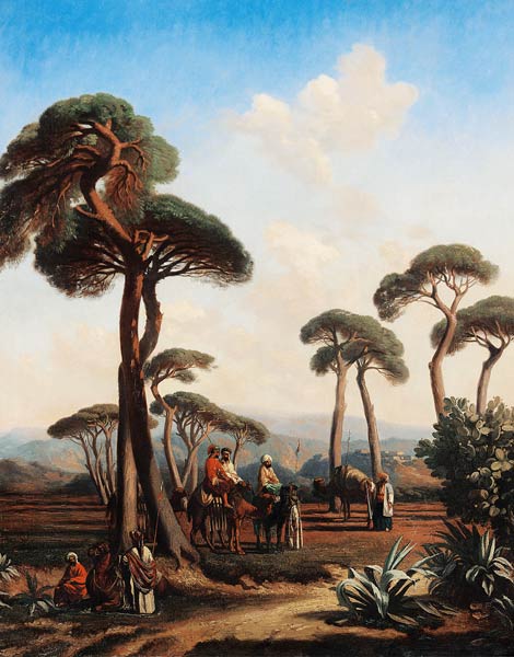 Arabs and Camels in Wooded Landscape a Prosper Marilhat