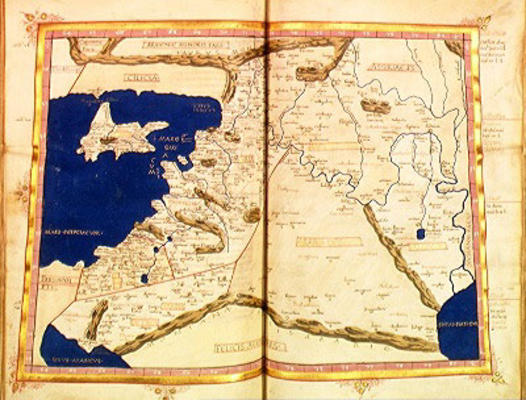 Ms Lat 463 f.111v-112r Map of Phoenicia, Mesopotamia and Babylon (vellum) a Ptolemy
