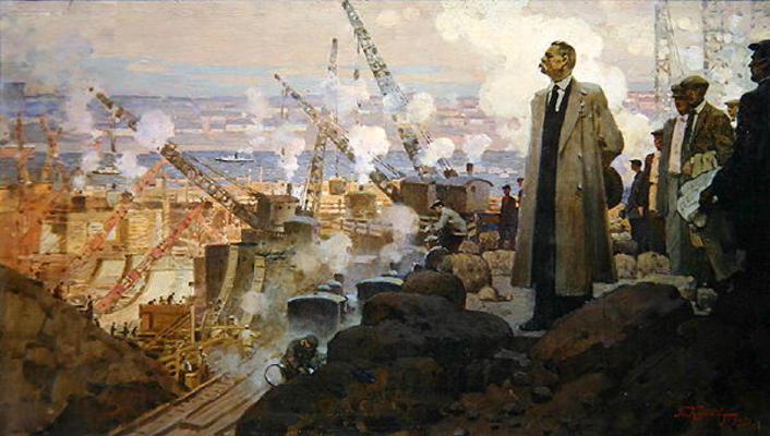 Maxim Gorky (1868-1936) at the Building of the Hydroelectric Power Plant 'DnieproGES', 1951 (oil on a Pyotr Ivanovich Kotov