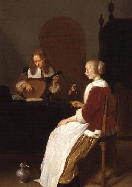 An interior with a lute player and a woman holding a parrot a Quiringh Gerritsz. van Brekelenkam